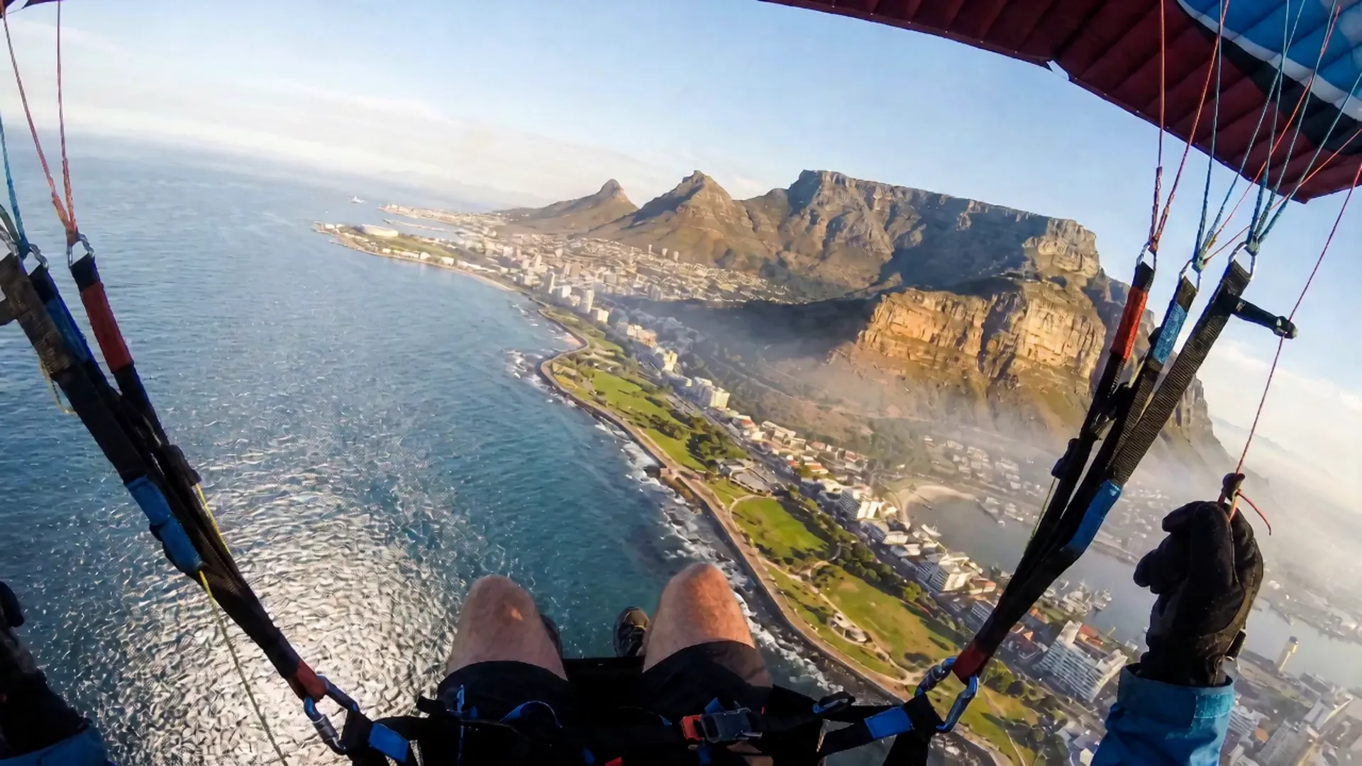Table Mountain's cliffs from the air at golden morning