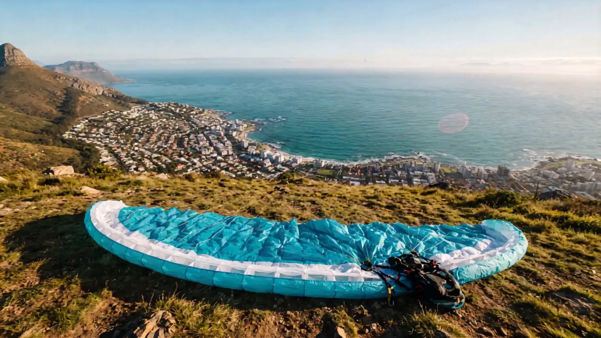 A cyan-and-white paraglider wing inflated overhead against blue sky